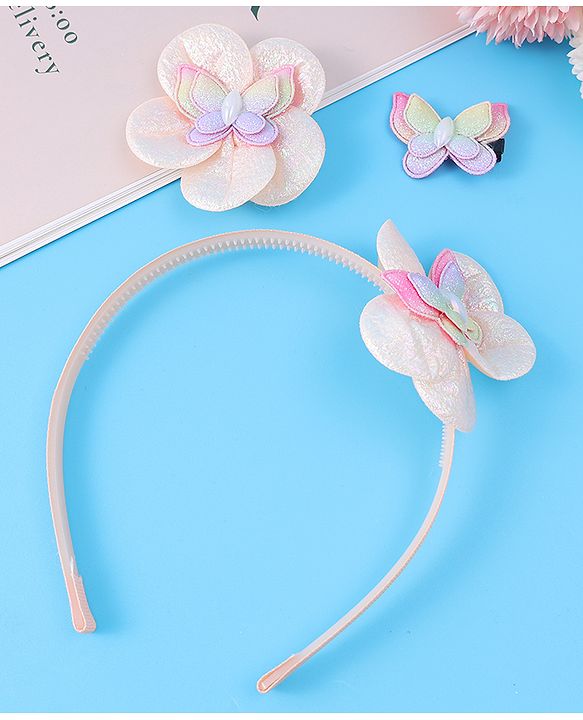 Babyhug Hair Accessories Combo Set Free Size with Floral Applique - Peach