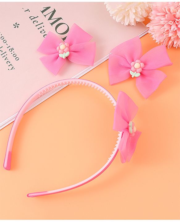 Babyhug Headband & Clips  Combo Set Free Size with Bow Applique - Fuchsia