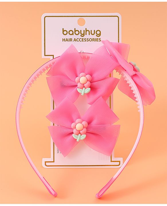 Babyhug Headband & Clips  Combo Set Free Size with Bow Applique - Fuchsia