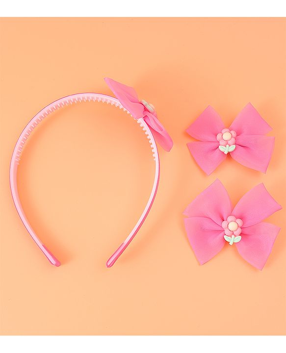 Babyhug Headband & Clips  Combo Set Free Size with Bow Applique - Fuchsia