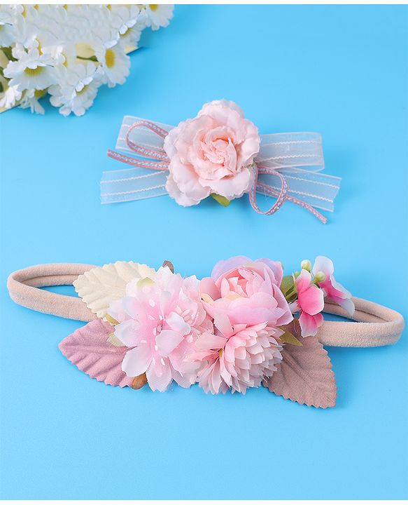 Babyhug Hair Accessory Combo Set With Floral Applique Free Size - Pink