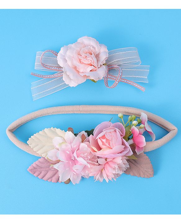 Babyhug Hair Accessory Combo Set With Floral Applique Free Size - Pink