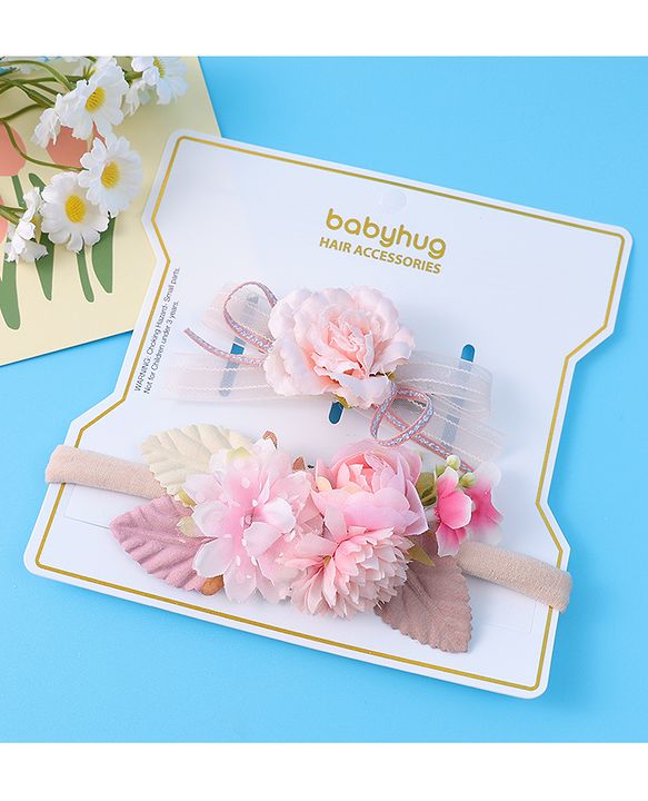 Babyhug Hair Accessory Combo Set With Floral Applique Free Size - Pink