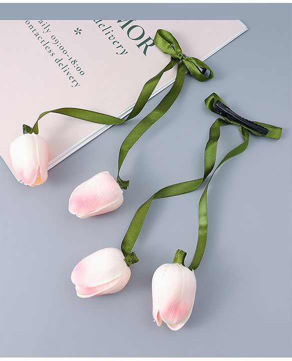 Babyhug Free Size Floral Applique Clips With Ribbon Pack Of 2 - Pink & Green