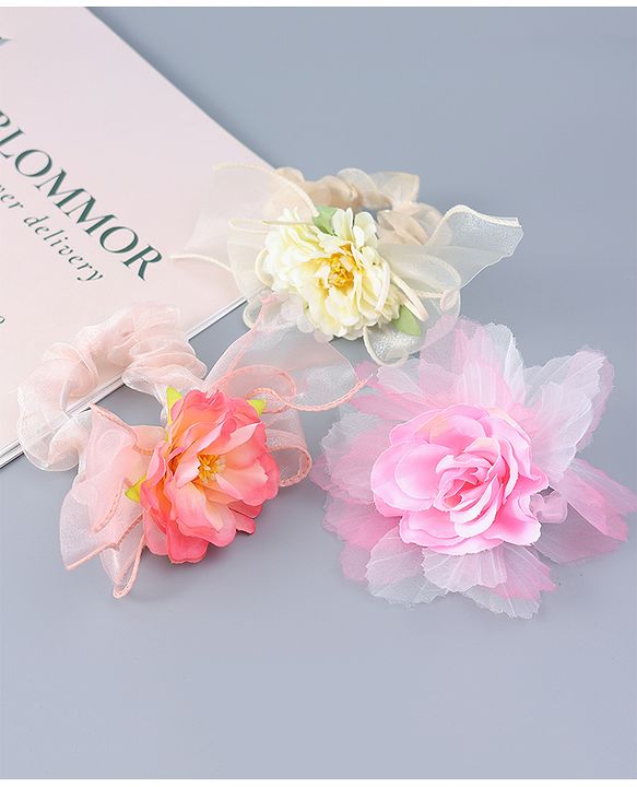 Babyhug Hair Rubber Bands With Floral Applique Pack of 3 -  Pink & Yellow