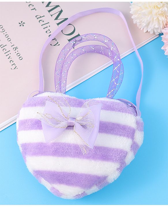 Babyhug Free Size Striped Heart Shaped Sling Bag With Bow Applique - Purple