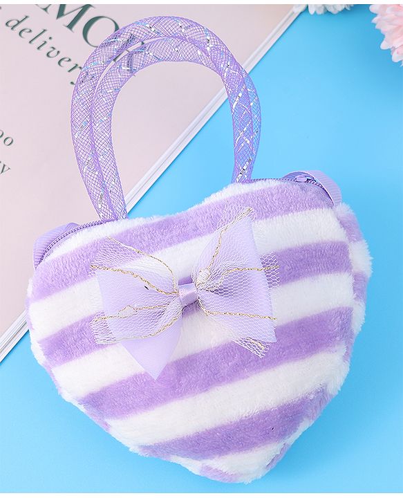 Babyhug Free Size Striped Heart Shaped Sling Bag With Bow Applique - Purple