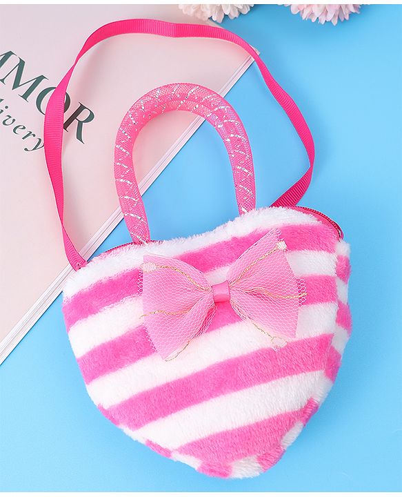 Babyhug Free Size Striped Heart Shaped Sling Bag With Bow Applique - Fuchsia