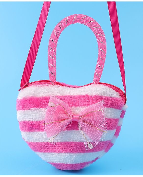 Babyhug Free Size Striped Heart Shaped Sling Bag With Bow Applique - Fuchsia