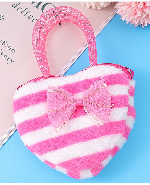 Babyhug Free Size Striped Heart Shaped Sling Bag With Bow Applique - Fuchsia