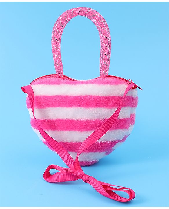 Babyhug Free Size Striped Heart Shaped Sling Bag With Bow Applique - Fuchsia