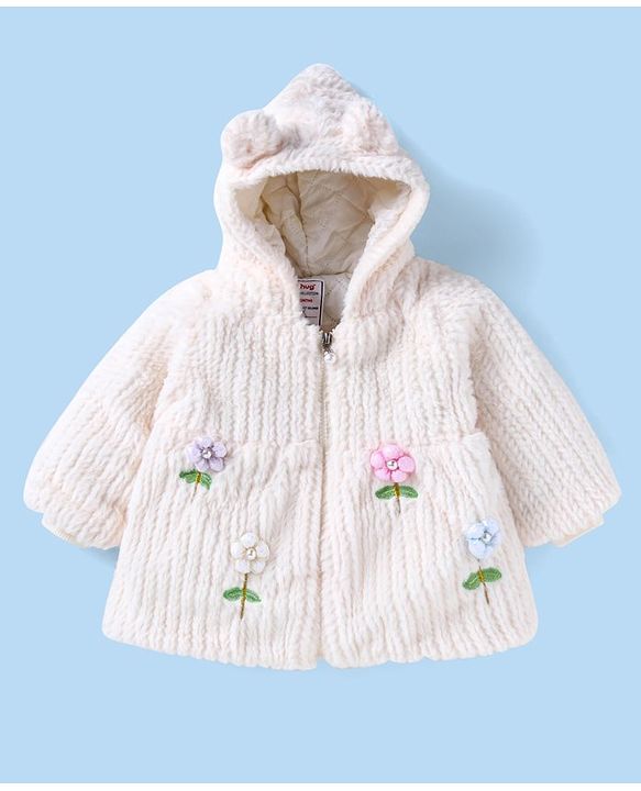 Babyhug Fur Woven Full Sleeves Hooded Winter Jacket with Floral Applique - White