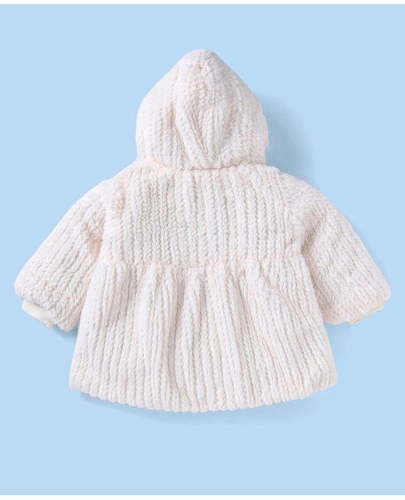Babyhug Fur Woven Full Sleeves Hooded Winter Jacket with Floral Applique - White