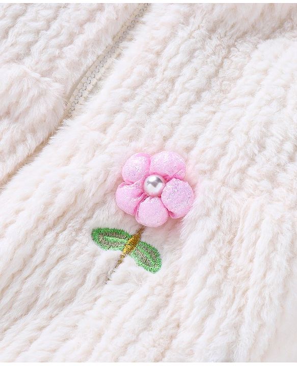 Babyhug Fur Woven Full Sleeves Hooded Winter Jacket with Floral Applique - White