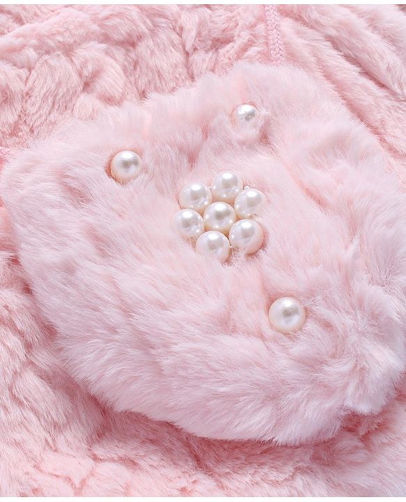 Babyhug Fur Woven Full Sleeves Winter Jacket with Bear Applique - Pink