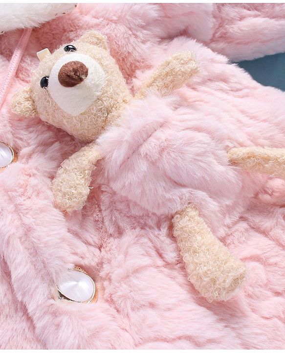Babyhug Fur Woven Full Sleeves Winter Jacket with Bear Applique - Pink