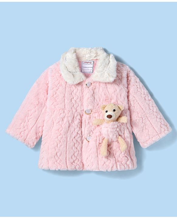 Babyhug Fur Woven Full Sleeves Winter Jacket with Bear Applique - Pink