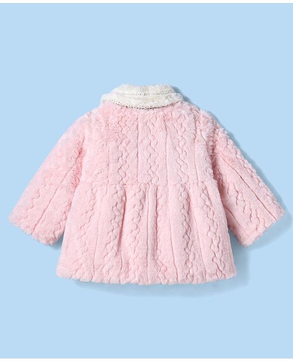 Babyhug Fur Woven Full Sleeves Winter Jacket with Bear Applique - Pink