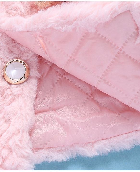 Babyhug Fur Woven Full Sleeves Winter Jacket with Bear Applique - Pink