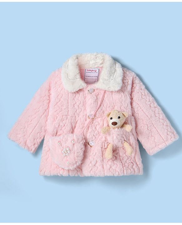 Babyhug Fur Woven Full Sleeves Winter Jacket with Bear Applique - Pink
