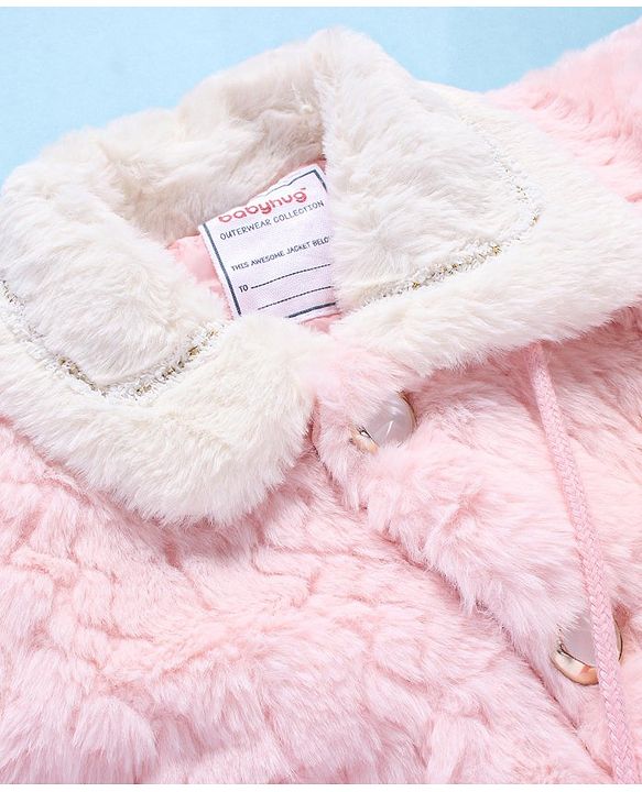 Babyhug Fur Woven Full Sleeves Winter Jacket with Bear Applique - Pink