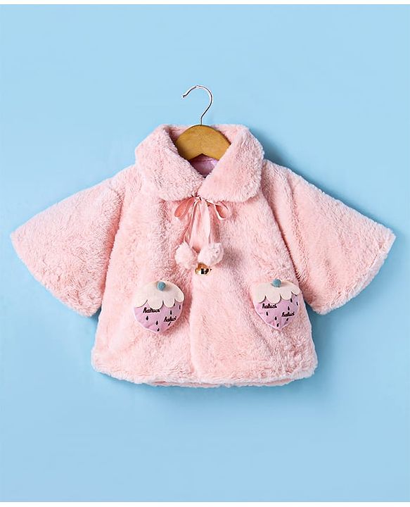 Babyhug Woven Half  Sleeves  Sweatjacket With Fur Detailing & Strawberry Applique - Pink