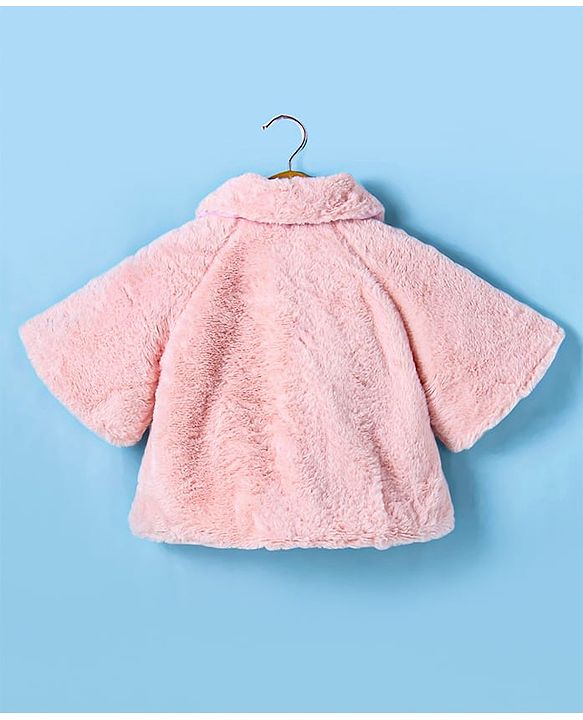 Babyhug Woven Half  Sleeves  Sweatjacket With Fur Detailing & Strawberry Applique - Pink