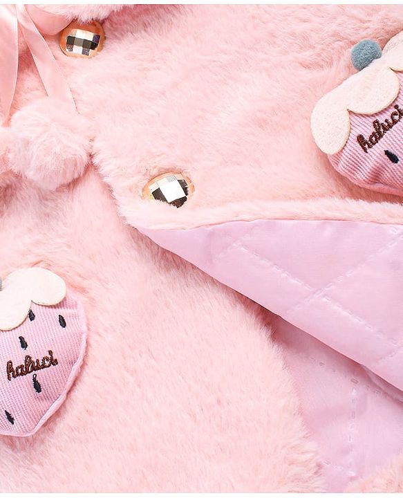 Babyhug Woven Half  Sleeves  Sweatjacket With Fur Detailing & Strawberry Applique - Pink