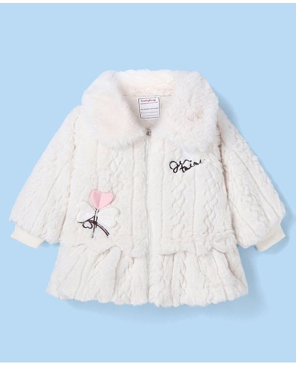 Babyhug Fur Woven Full Sleeves Winter Jacket with Heart Applique & Sling Bag - White