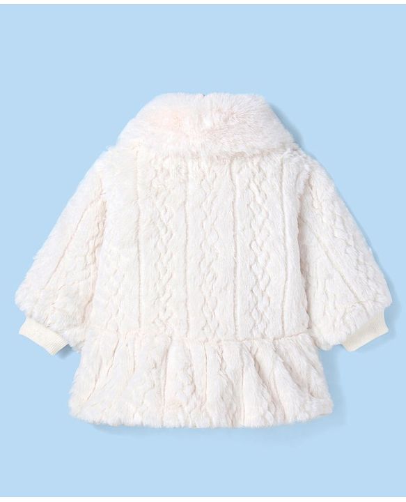 Babyhug Fur Woven Full Sleeves Winter Jacket with Heart Applique & Sling Bag - White