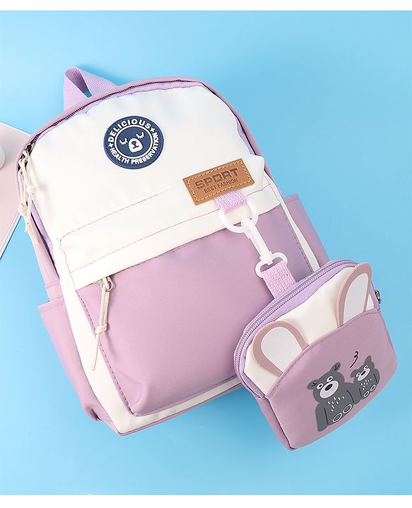 Pine Kids Bear Print Fashion Backpack With a Pouch -Purple