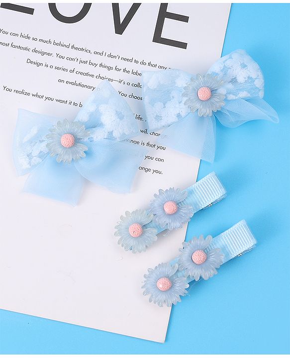 Babyhug Hair Pins And Clips With Floral Applique Pack of 4 - Light Blue