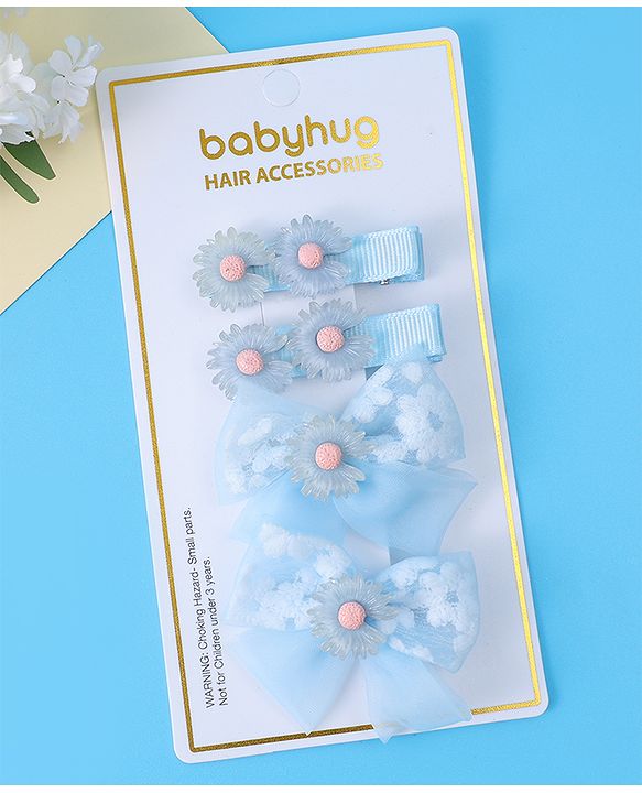Babyhug Hair Pins And Clips With Floral Applique Pack of 4 - Light Blue