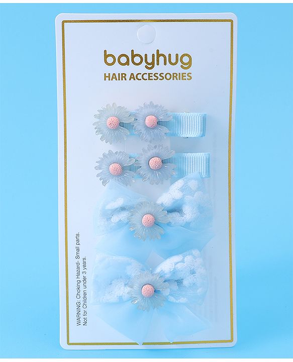 Babyhug Hair Pins And Clips With Floral Applique Pack of 4 - Light Blue