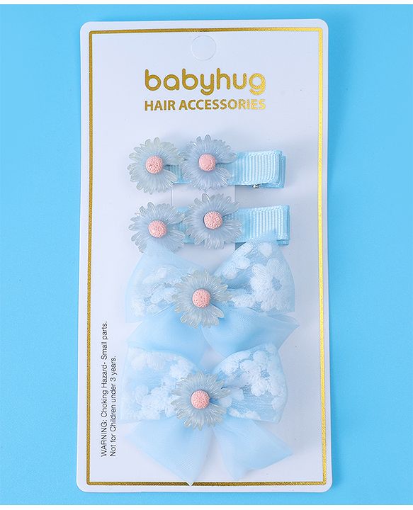 Babyhug Hair Pins And Clips With Floral Applique Pack of 4 - Light Blue