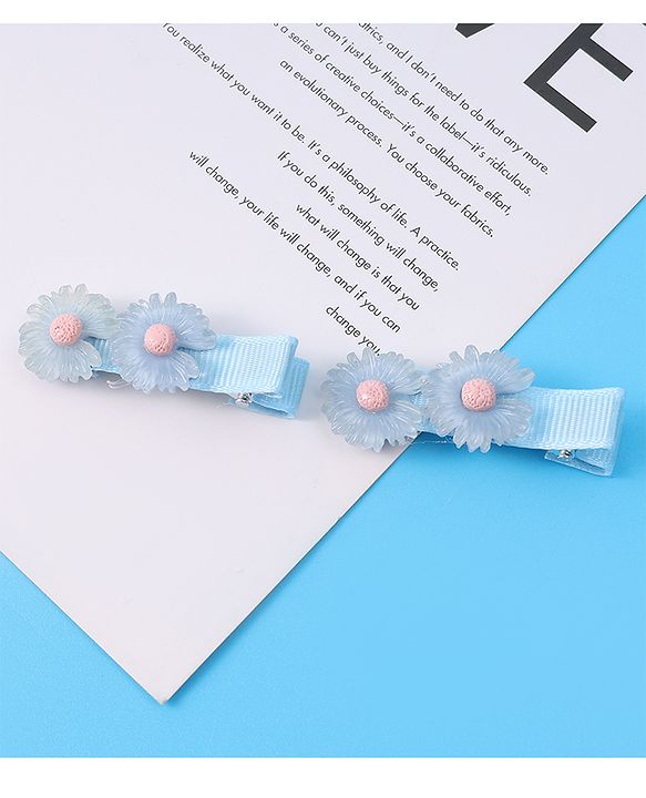Babyhug Hair Pins And Clips With Floral Applique Pack of 4 - Light Blue