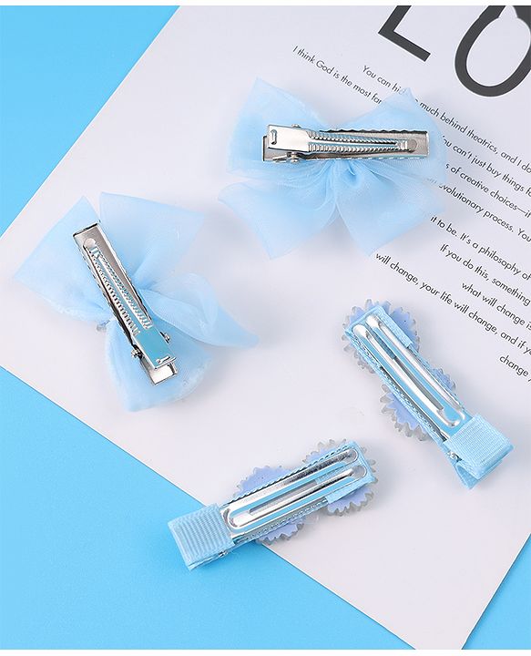 Babyhug Hair Pins And Clips With Floral Applique Pack of 4 - Light Blue