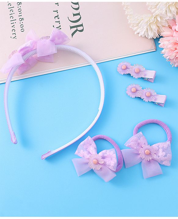 Babyhug Hair Accessories Combo Set With Floral Applique - Purple
