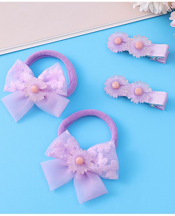 Babyhug Hair Accessories Combo Set With Floral Applique - Purple