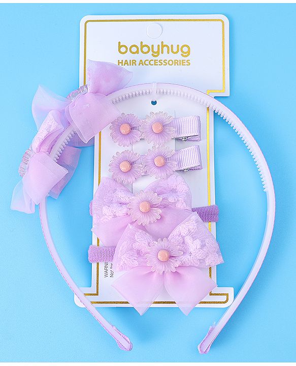 Babyhug Hair Accessories Combo Set With Floral Applique - Purple