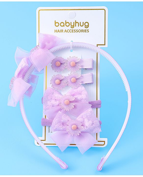 Babyhug Hair Accessories Combo Set With Floral Applique - Purple