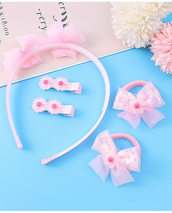 Babyhug Hair Accessories Combo Set With Floral Applique - Pink