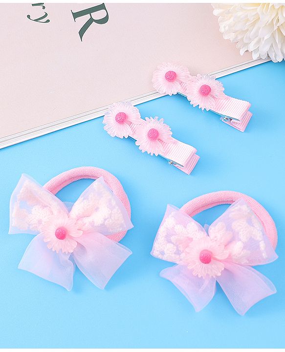 Babyhug Hair Accessories Combo Set With Floral Applique - Pink