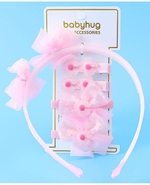 Babyhug Hair Accessories Combo Set With Floral Applique - Pink