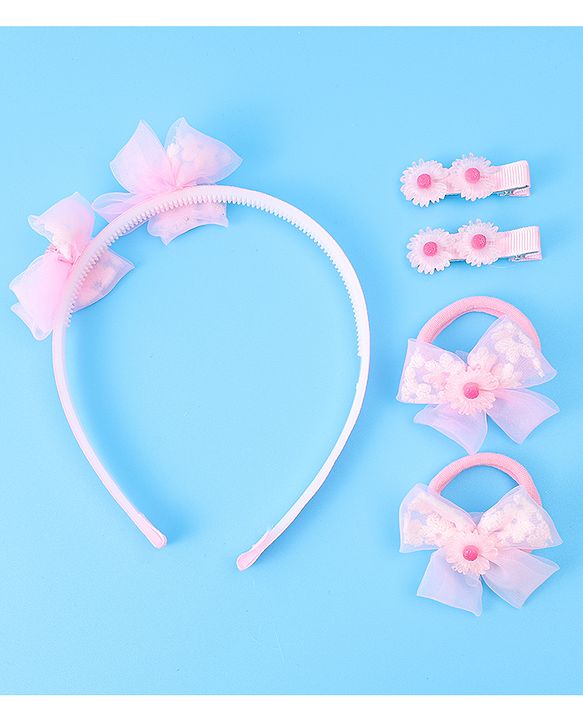 Babyhug Hair Accessories Combo Set With Floral Applique - Pink