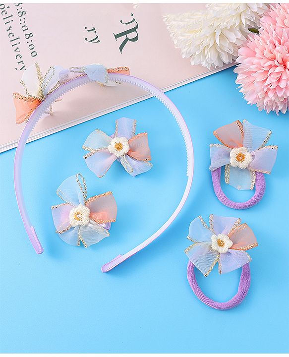 Babyhug Hair Accessories Combo Set With Floral Applique - Purple