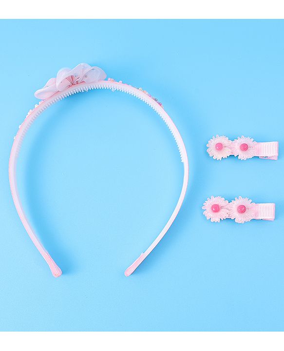 Babyhug Hair Accessories Combo Set With Floral Applique - Pink