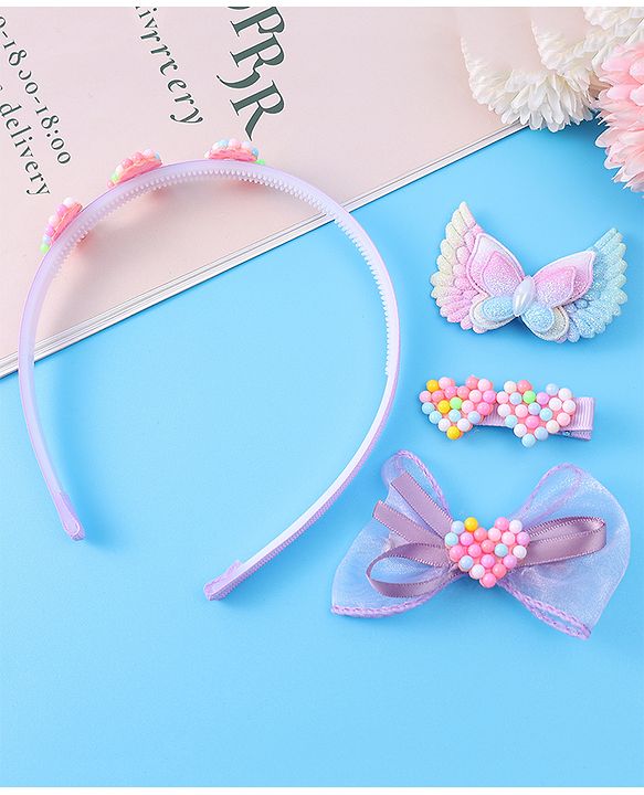 Babyhug Hair Accessories Combo Set With Heart & Butterly Applique - Purple