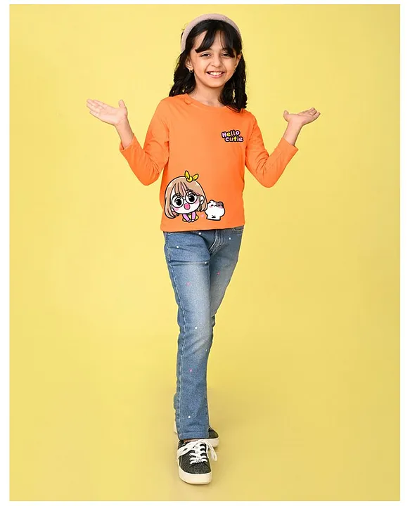 Buy NUSYL Cotton Blend Full Sleeves Hello Cutie Text Printed Tee