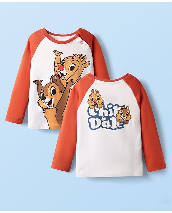 Babyhug Disney Single Jersey Knit Raglan Full Sleeves T-Shirt with Front and Back Chip N Dale Graphics - Rust Orange & White